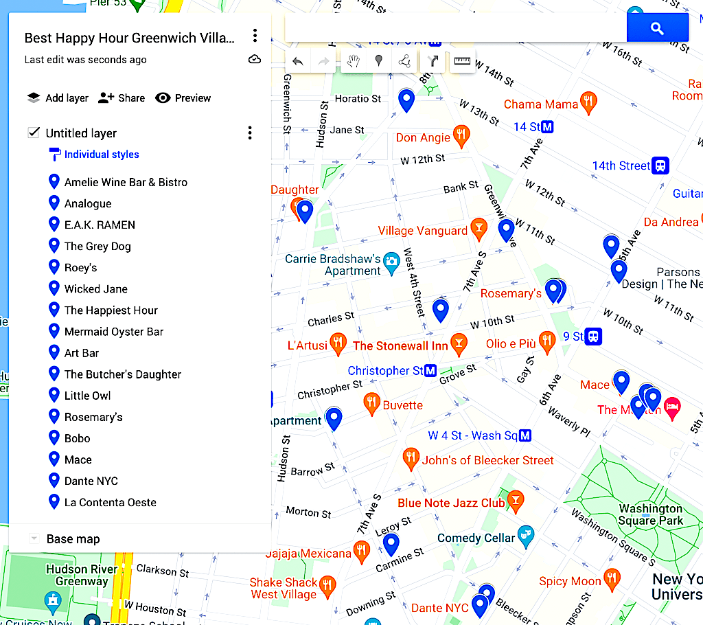 map of the best happy hour greenwich village has to offer. 