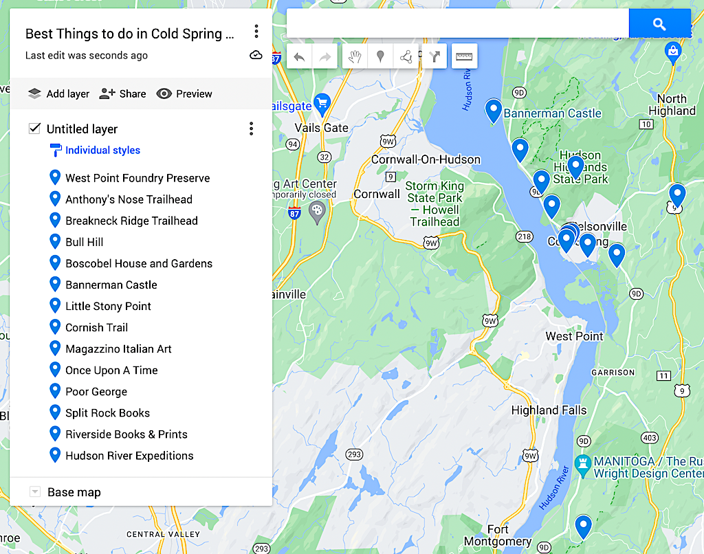 Map of the best things to do in Cold Spring NY. 
