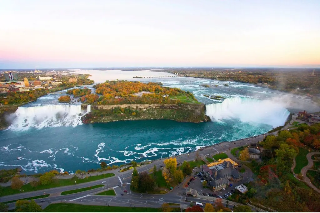 Aerial view of Niagara Falls in the autumn as you create your own Niagara Falls packing list. 