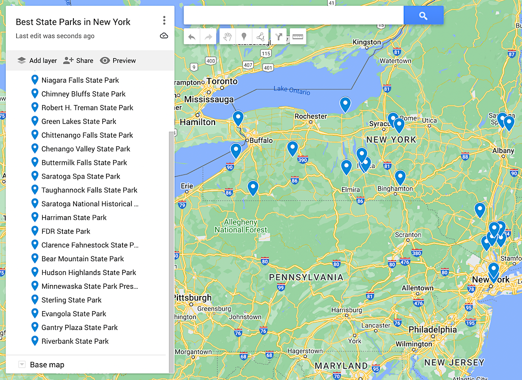 Map of the best state parks in New York. 