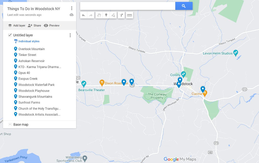 A detailed map of the things to do in Woodstock NY