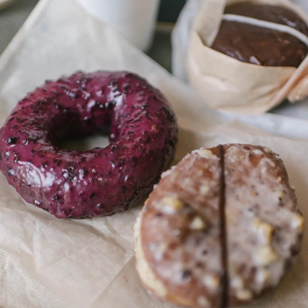 Three gourmet doughnuts from Doughnut Plant in Williamsburg. 