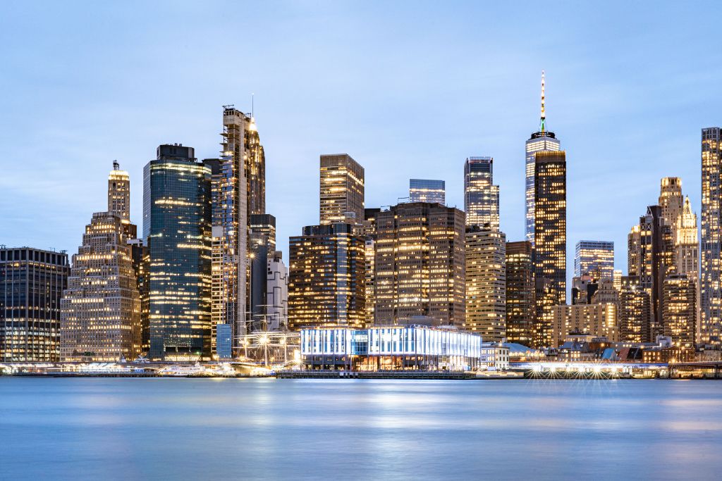 View of the Manhattan skyline from Brooklyn Bridge Park. 