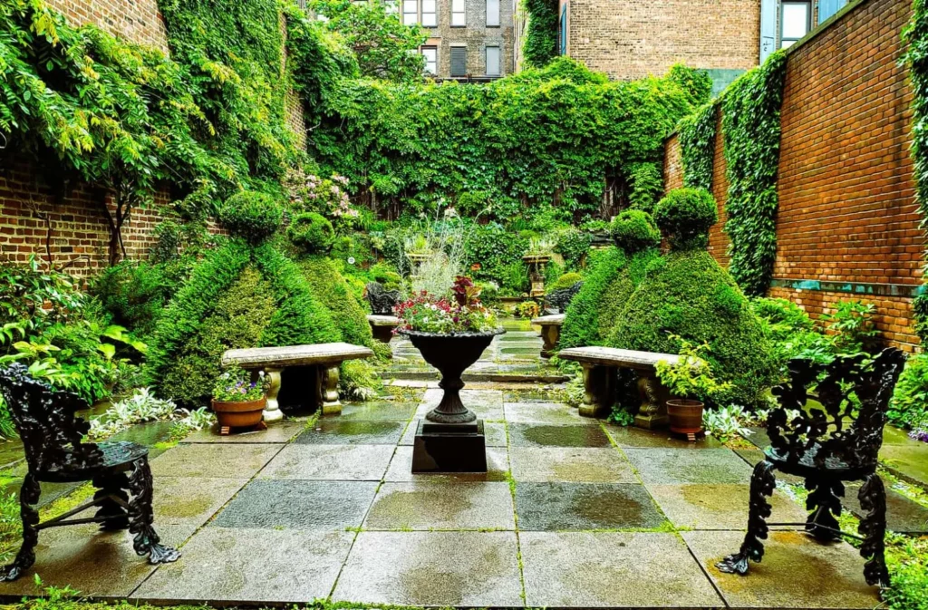 View of the beautiful outdoor garden at the Merchant's House Museum.