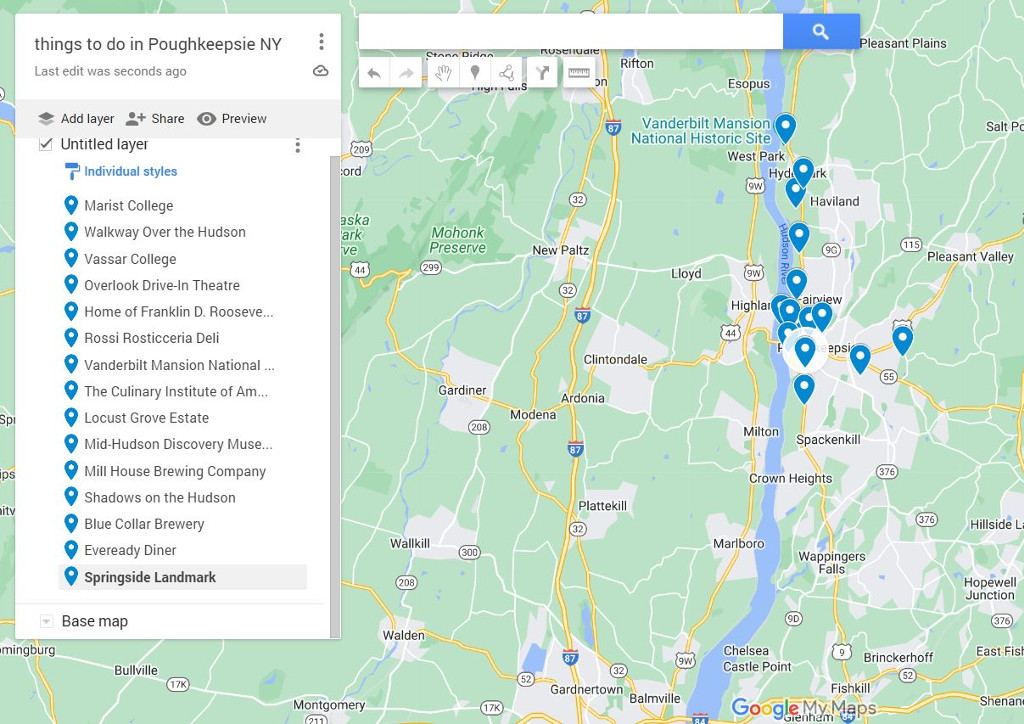 A detailed map of the things to do in Poughkeepsie NY