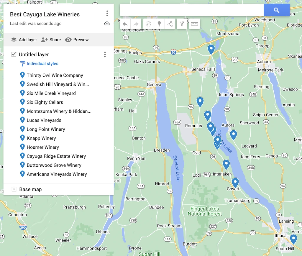 Map of the best Cayuga Lake Wineries with blue dots to denote the 12 best Cayuga Lake vineyards in New York. 