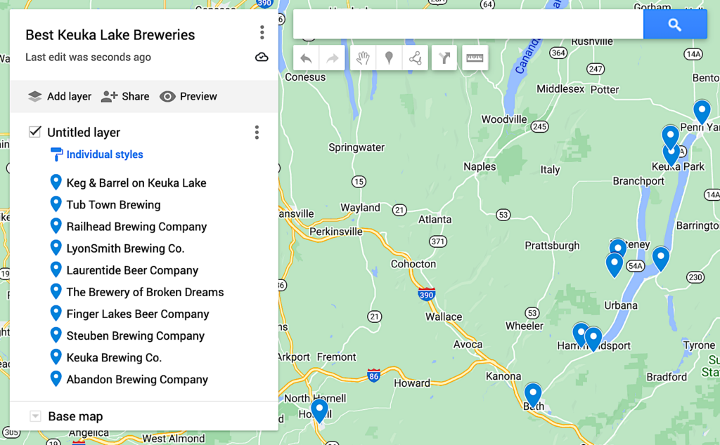 Map of the best Keuka Lake breweries where blue dots represent the 10 best breweries on Keuka Lake. 