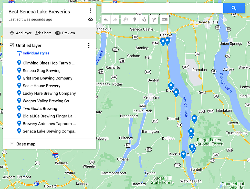 Map of the best Seneca Lake breweries with 10 blue dots to indicate the top breweries. 