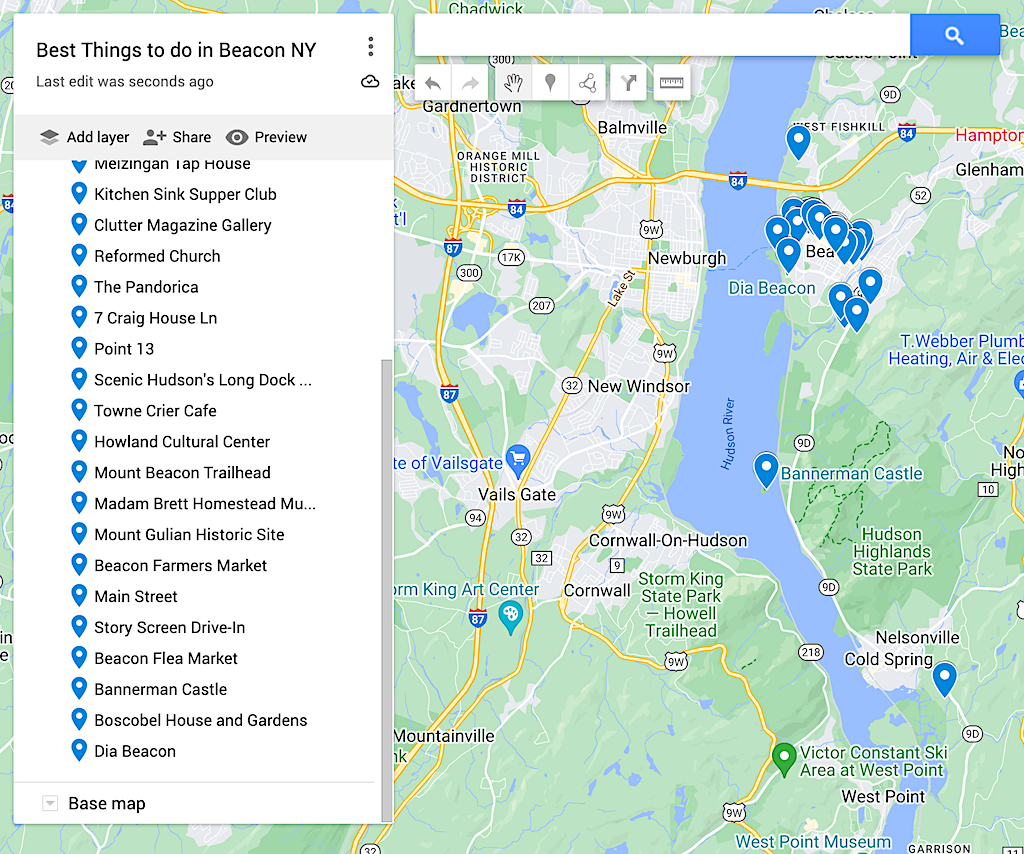 Map of the best things to do in Beacon NY. 