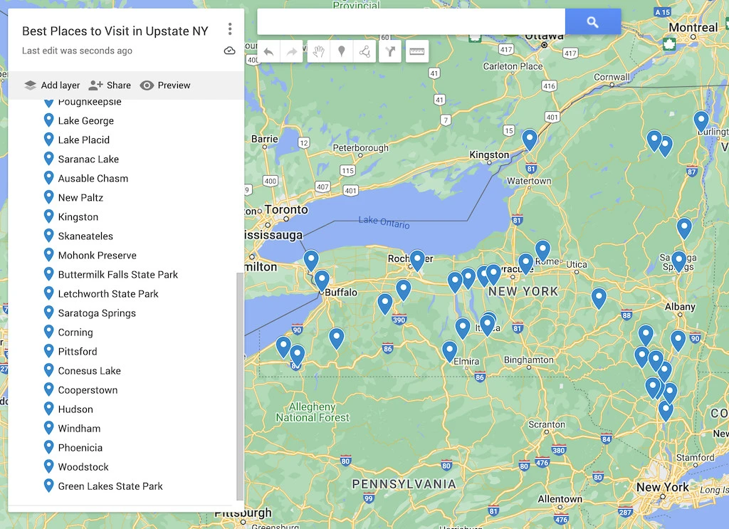 Map of the 34 best places to visit in uostate NY with blue pins to denote where you need to visit. 