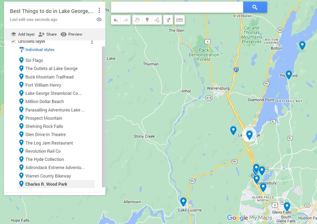 A detailed map of the things to do in Lake George NY