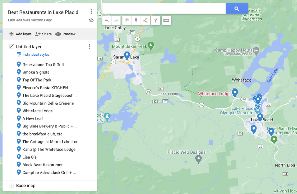 Map of the best restaurants in Lake Placid with blue dots to represent the 15 best eateries in Lake Placid. 