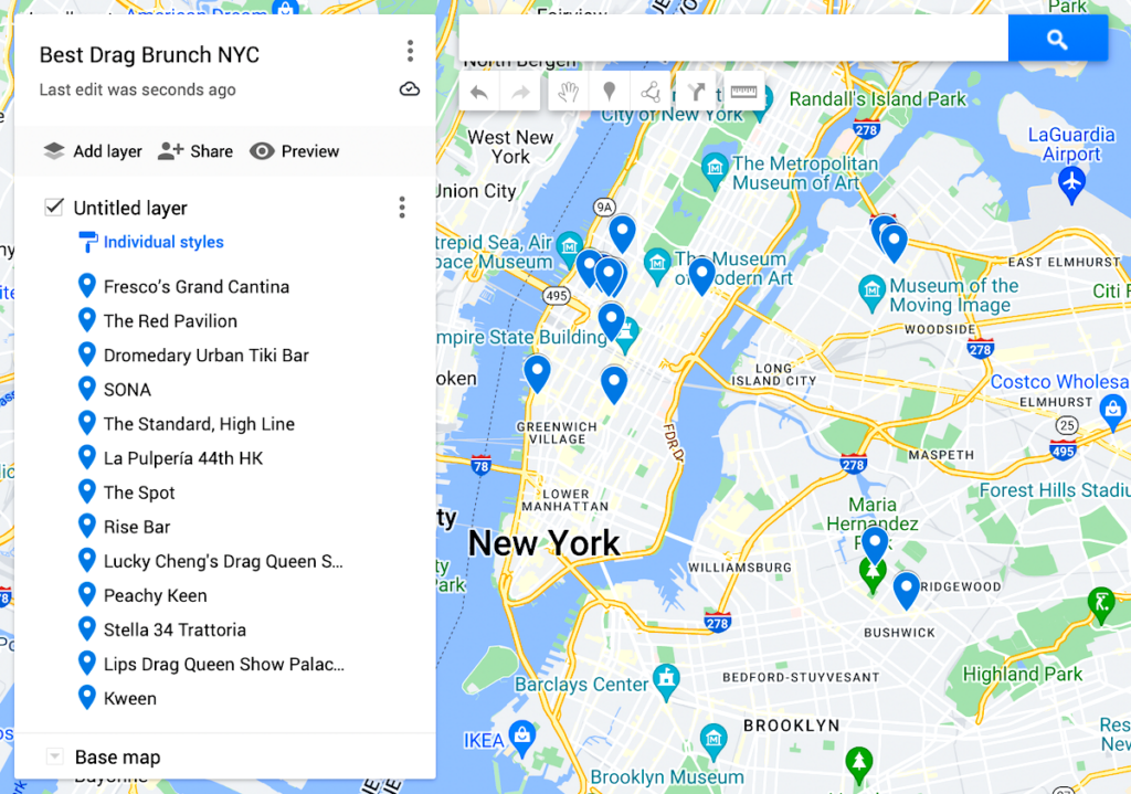 A map of the best drag brunch NYC has to offer with 13 top spots represented on a NYC map with blue dots. 