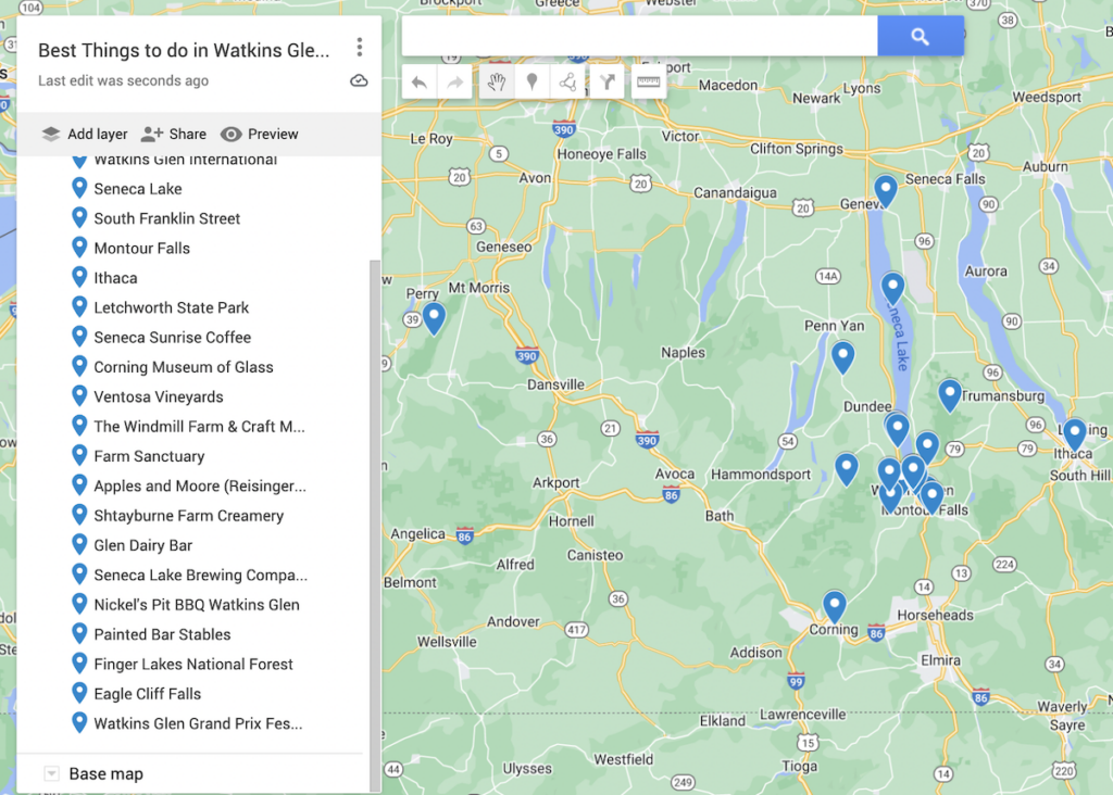 Map of the best things to do in Watkins Glen with 22 blue dots that denote the places to add to your weeknd in Watkins Glen itinerary.  