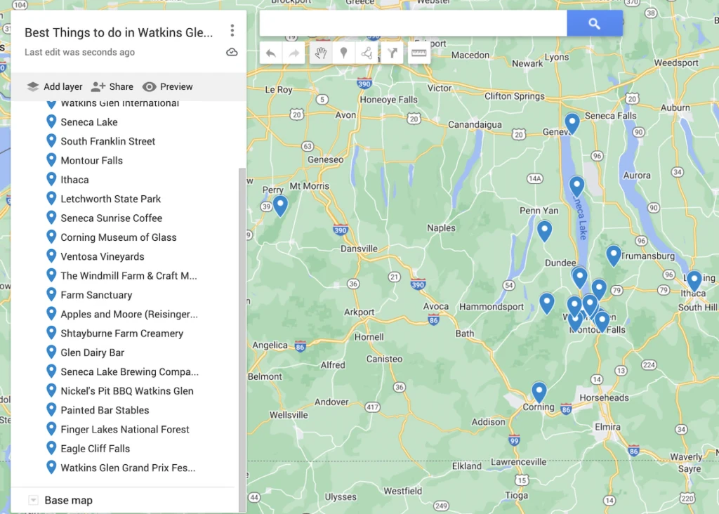 Map of the best things to do in Watkins Glen with 22 blue dots that denote the places to add to your weeknd in Watkins Glen itinerary.  