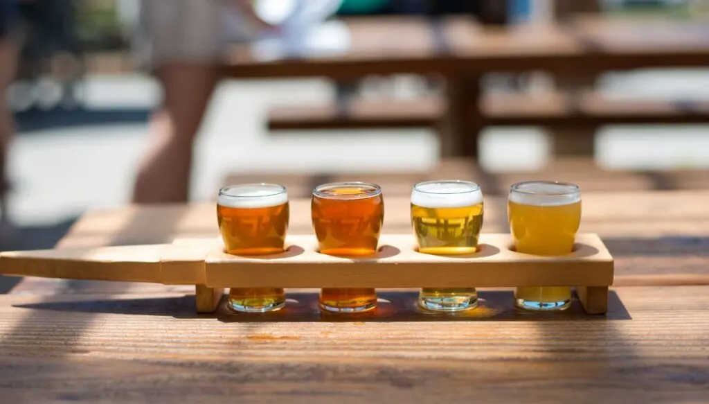 A selection of four craft beers that make up a beer flight from one of the best breweries in Lake George. 
