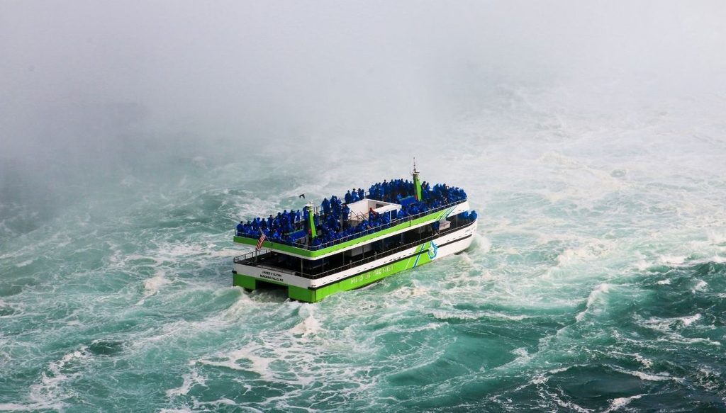 Aerial view of the Hornblower sailing to Niagara Falls.