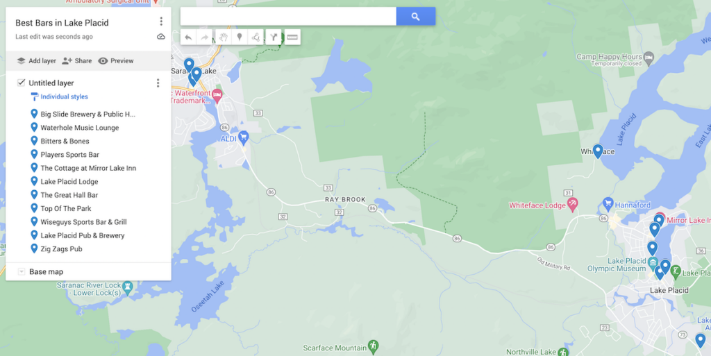 Map of the 11 best bars in Lake Placid with blue dots that denote the bars. 
