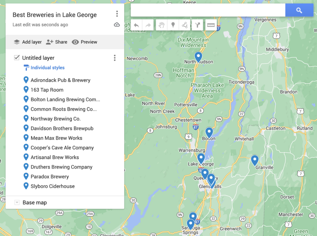 Map of the 12 best breweries in Lake George NY with blue dots to represent the area's best breweries. 