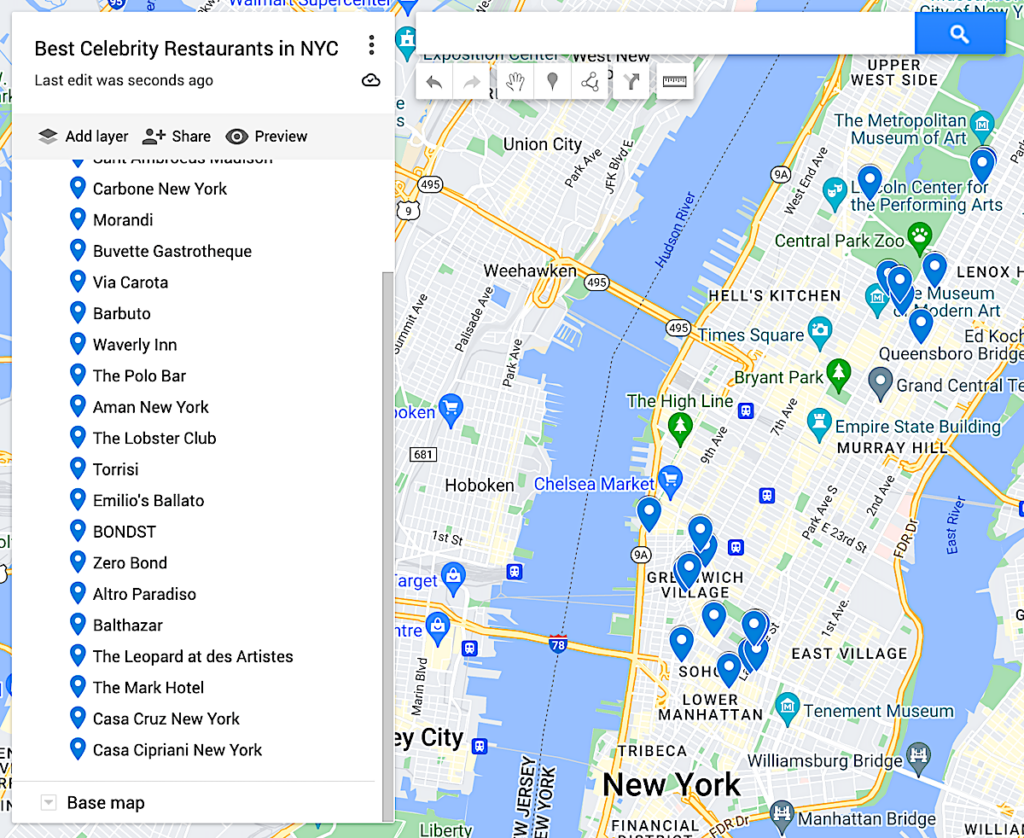 Map of the best celebrity restaurants in NYC with blue dots to represent each of the restaurants. 