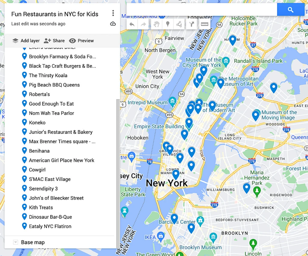 Map of fun restaurants in NYC with blue dots to represent the 24 best restaurants. 