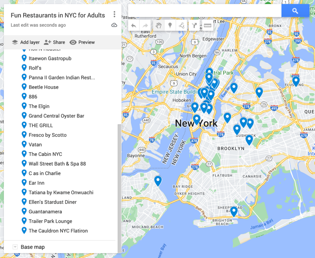 A map of 29 fun restaurants in NYC for adults. Blue dots represent the best restaurants in NYC on the map.