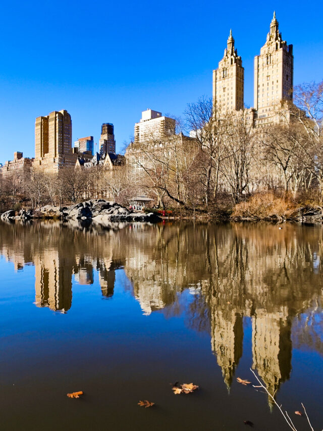 A view of Central Park in the winter with the skyscrapers on the West Side being reflected in the lake near the Ramble.