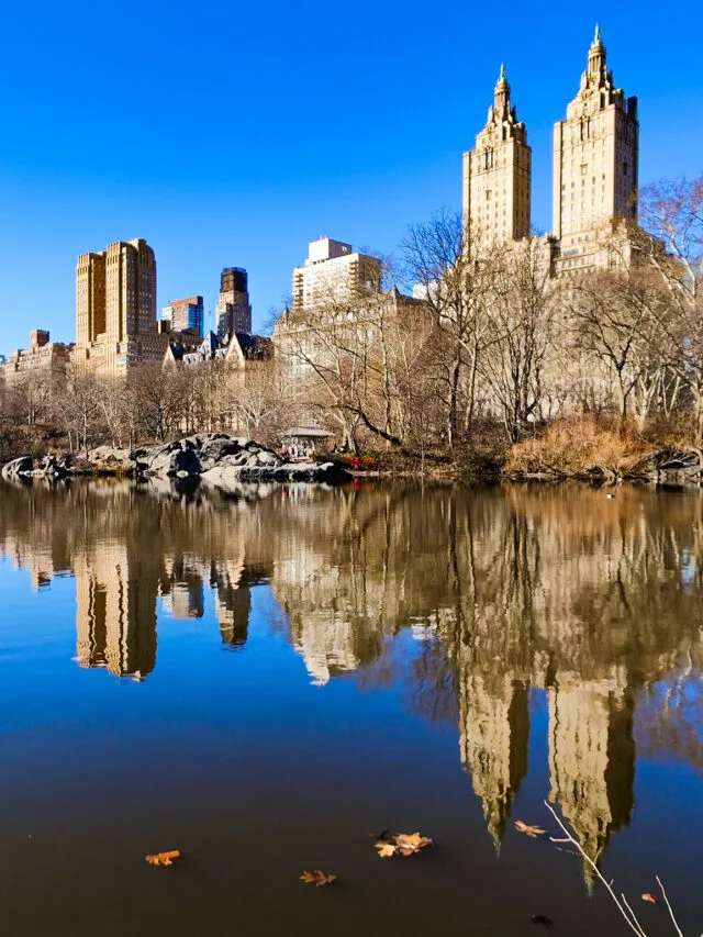 A view of Central Park in the winter with the skyscrapers on the West Side being reflected in the lake near the Ramble.