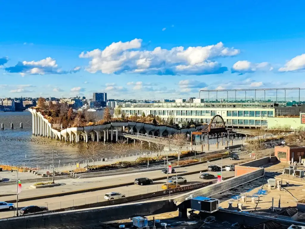 aerial view of Little Island from the Whitney Museum. 