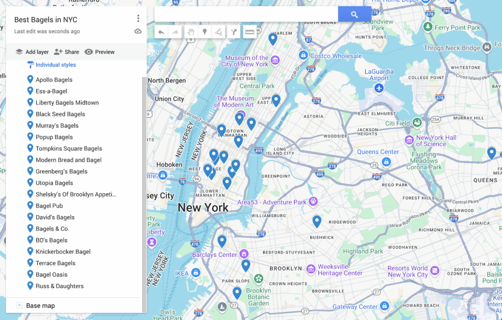 Map of New York City with 19 blue dots to represent the best bagels in NYC. 