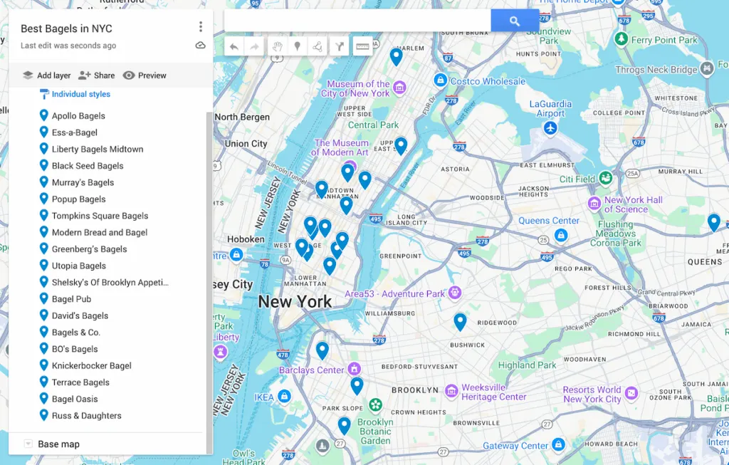 Map of New York City with 19 blue dots to represent the best bagels in NYC. 