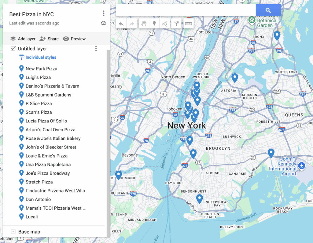 Map of New York City with 18 blue dots that represent the places where you can get the best pizza in NYC. 