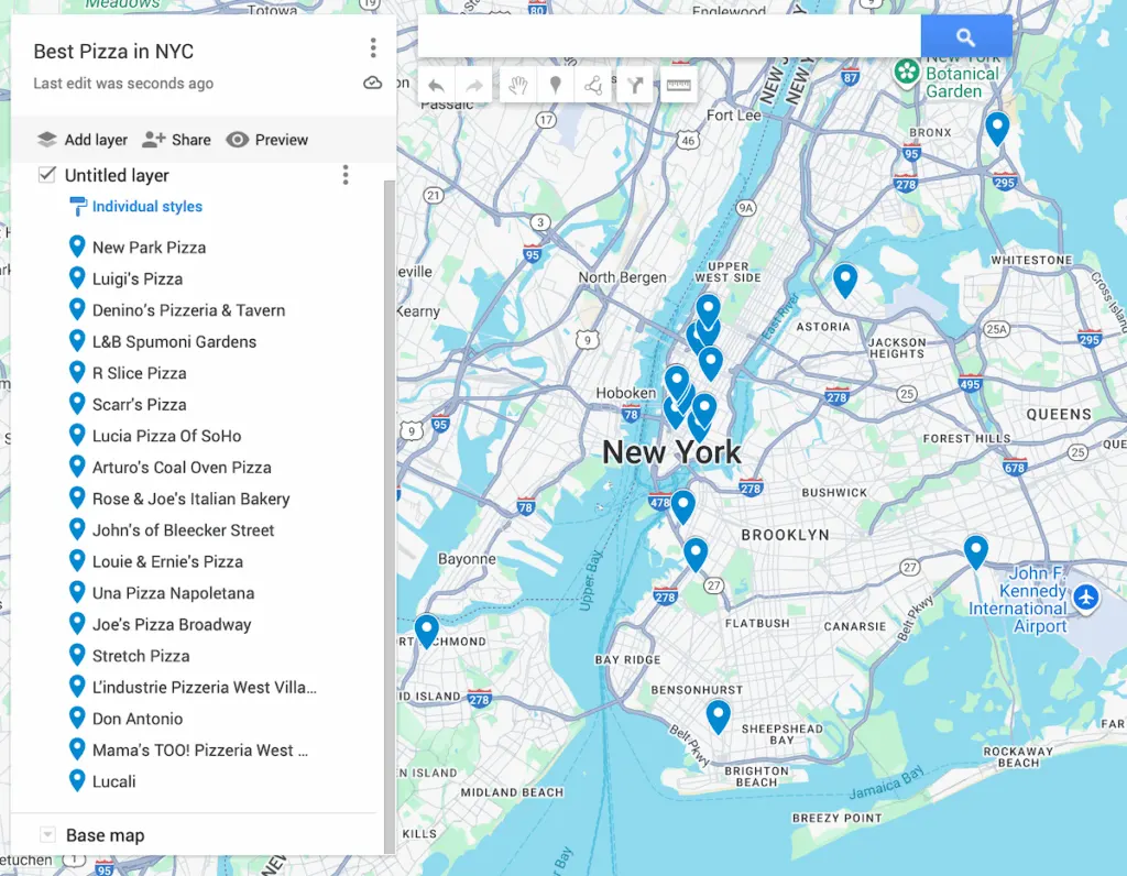 Map of New York City with 18 blue dots that represent the places where you can get the best pizza in NYC. 